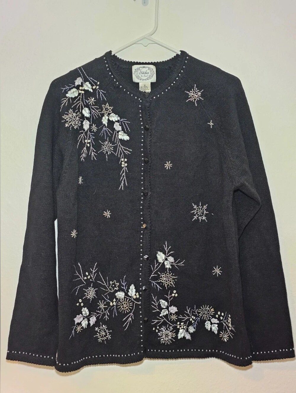 Stitches In Time Beaded Snowflake Christmas Cardigan Sweater Knit Black Medium